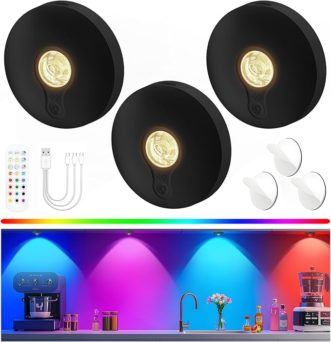 Rechargeable Puck Lights with Remote, 3 Pack Magnetic Under Cabinet Lighting by Yiliaw