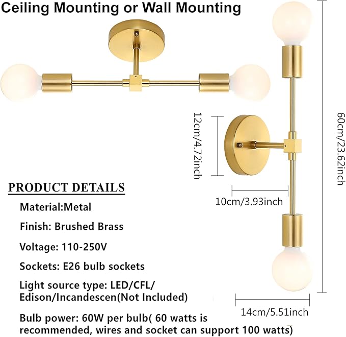 Brushed Brass Wall Sconce 2 Lights Bathroom Vanity Modern Industrial Wall Lamp - Image 6