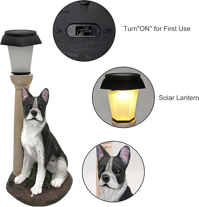 Solar Dog Garden Statues with Lantern, Resin Boston Terrier Sculpture with Warm - Image 4