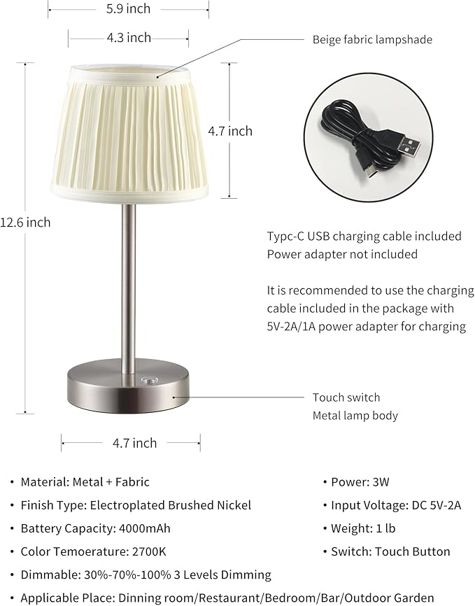 PUSU 2 Pack Cordless LED Nickel Table Lamps, Rechargeable 4000mAh 3 Way - Image 5