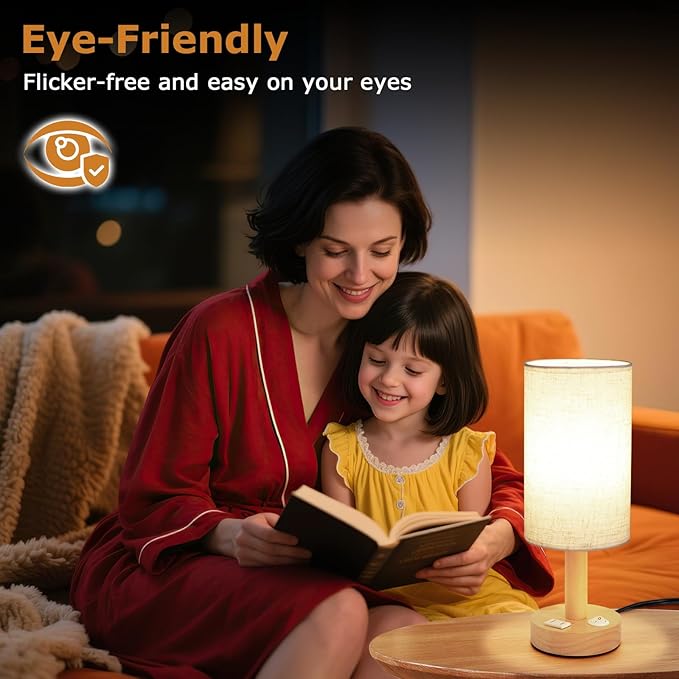 Small Bedside Table Lamp with AC Outlet, Natural Wood Base & Linen Shade - Image 3
