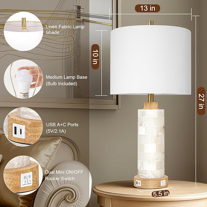 27" Natural Alabaster And Wood Table Lamp Set of 2 - Image 2