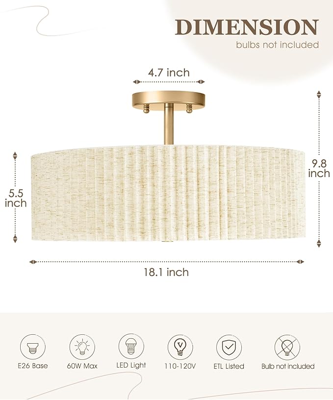 Semi Flush Mount Ceiling Lights, 4-Light 18" Gold Light Fixtures Ceiling Mount - Image 3
