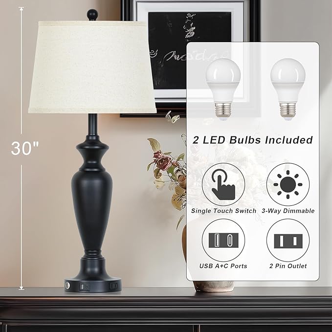 30" Tall Black Table Lamp, 3-Way Dimmable Touch Control Bedside Lamp - Image 2