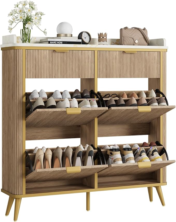 Fluted Shoe Cabinet Storage, Modern Slim Shoe Organizer Cabinet - Image 4