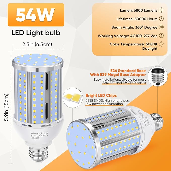6 Pack 54W Corn LED Light Bulb, Fanless E26/E27 Medium Base LED Cob Lamp 5000K - Image 3