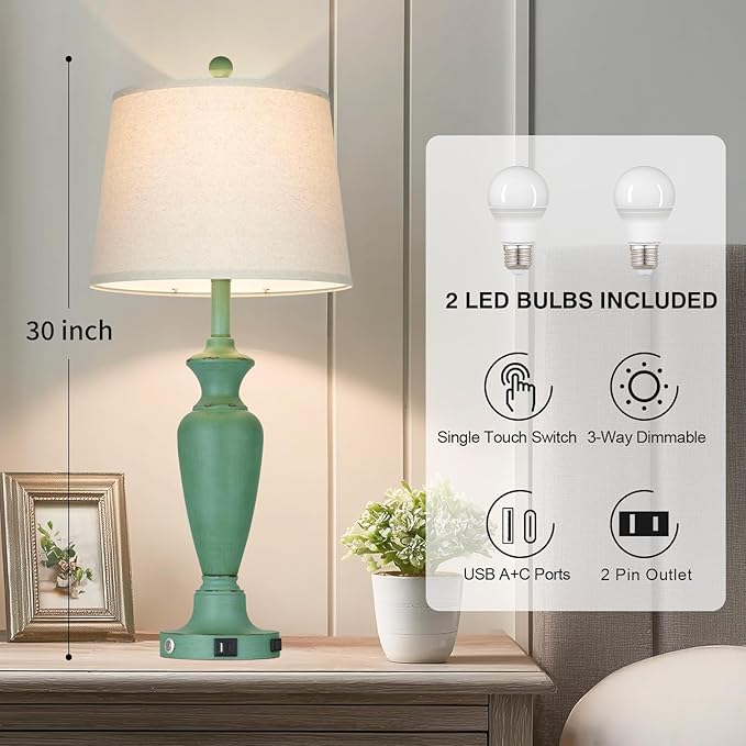 30" Tall Metal Table Lamps Set of 2, Touch Control Bedside Lamps - Image 2