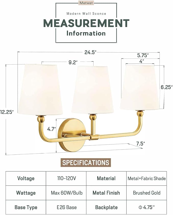 Bathroom Light Fixtures, Brushed Gold Vanity Lights - Image 2