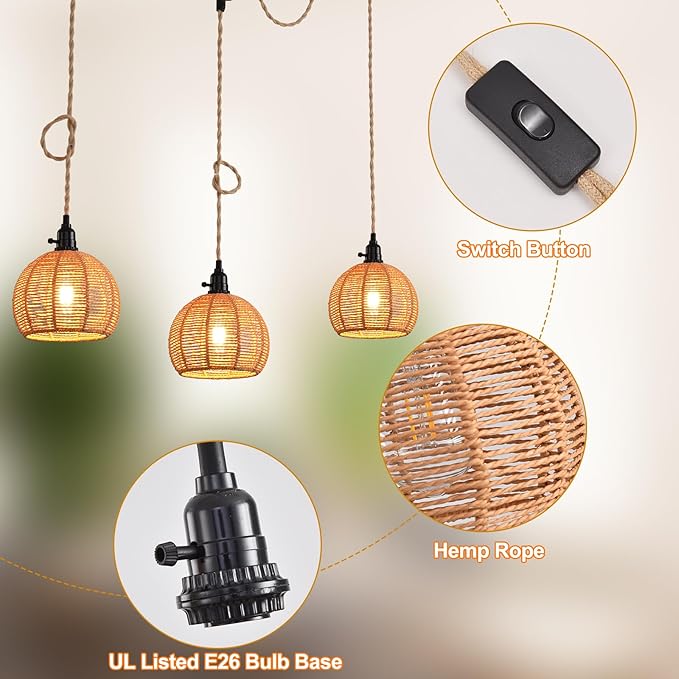 3-Light Hanging Light with Plug in Cord, Plug in Pendant Light 22ft Hemp Rope - Image 7