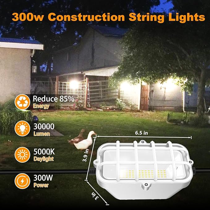 100ft LED Construction String Lights, Super Bright 300W 30000LM Waterproof IP67 - Image 2
