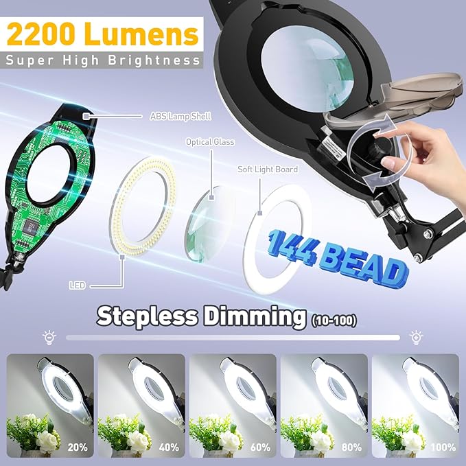 10X Magnifying Glass with Light and Stand, 2200 Lumens Dimmable Magnifying - Image 2