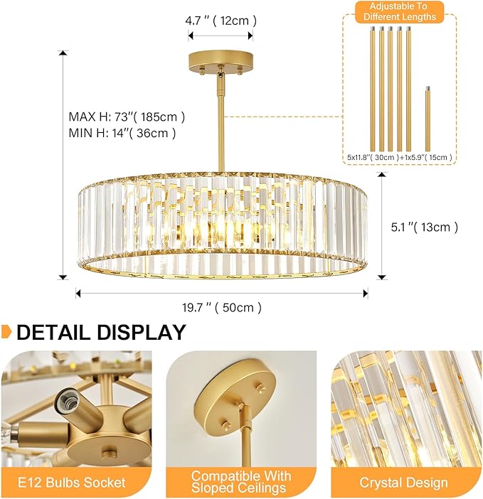 Glod Crystal Ceiling Light Fixture, Modern Semi Flush Chandelier, Round Hanging - Image 3