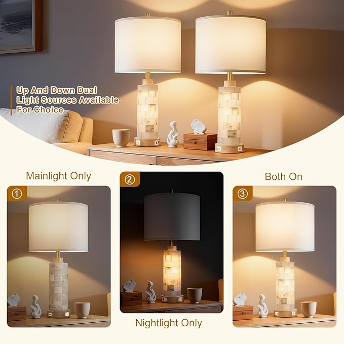 27" Natural Alabaster And Wood Table Lamp Set of 2 - Image 3