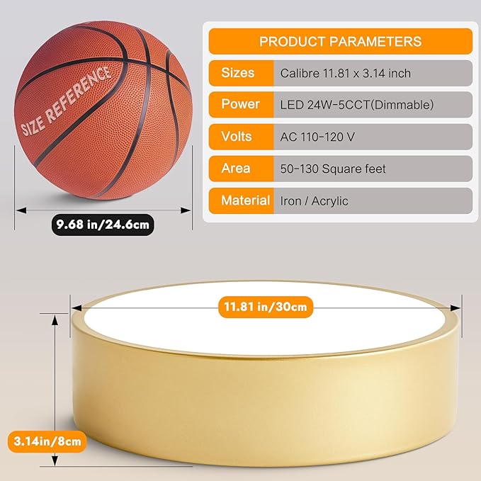 Dimmable Modern Flush Mount Ceiling Light Fixture, Painted Gold Round LED - Image 5
