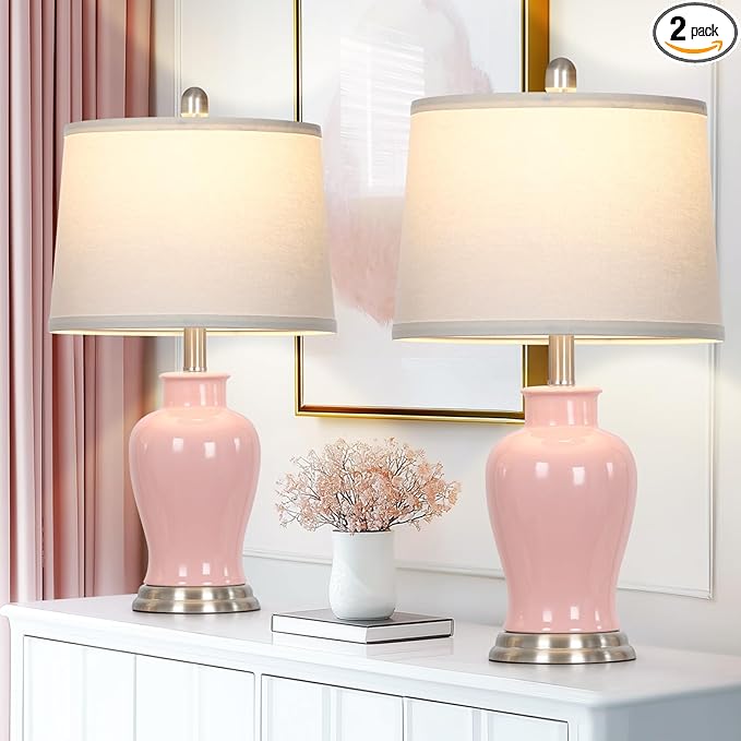23" Pink Ceramic Table Lamps for Living Room, Modern Ceramic Lamps by Unknown