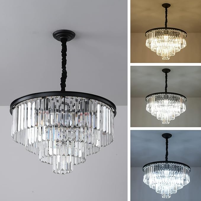 Black Modern Crystal Chandelier, 4-Tier Round Flush Mount Ceiling Light - Image 3