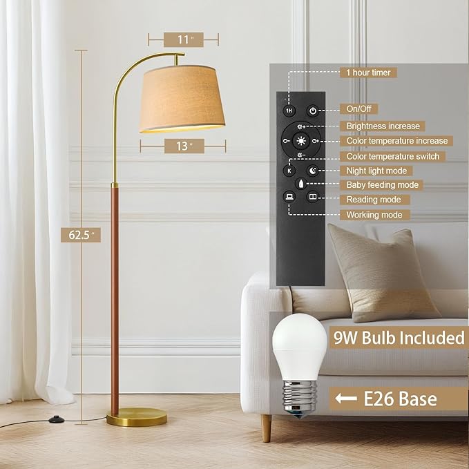62.5" Gold Floor Lamp for Living Room Dimmable Standing Lamp - Image 5