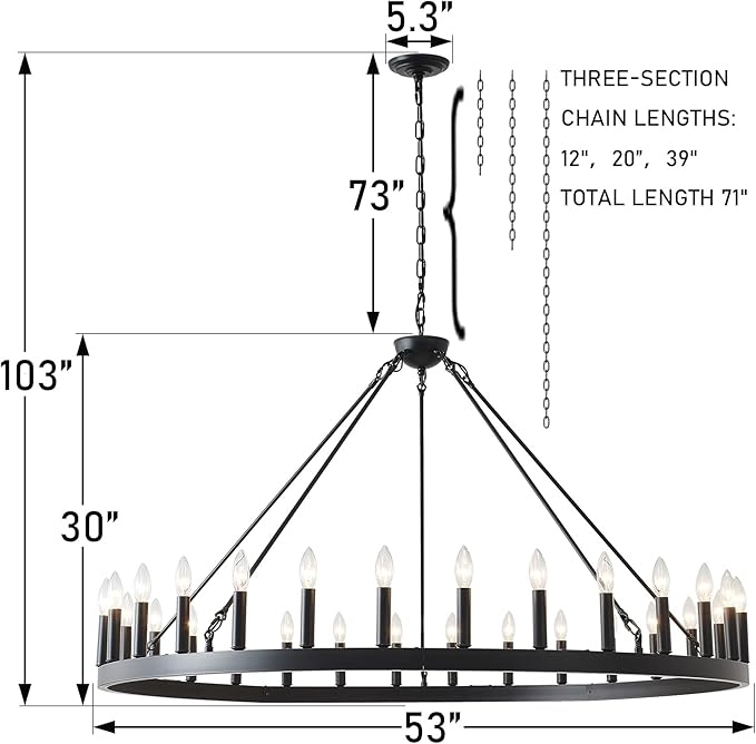 53 Inch Large Black Wagon Wheel Chandelier 30-Light Farmhouse Wagon Wheel - Image 6