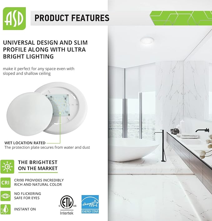 ASD 6 Inch LED Flush Mount Ceiling Light, Wet Rated Dimmable LED Disk Light - Image 3