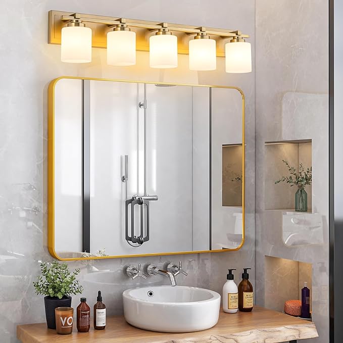 5 Light Modern Bathroom Light Fixtures Over Mirror, Brass Finish Vanity Lights - Image 2