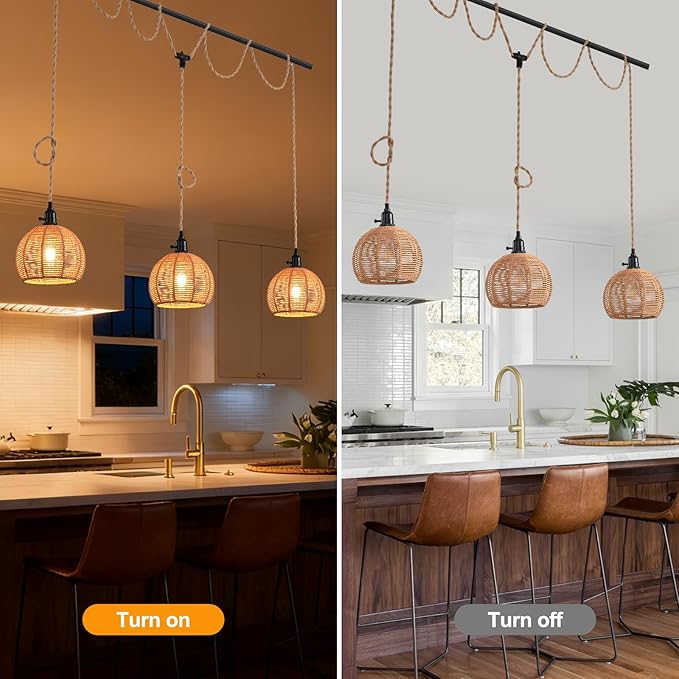 3-Light Hanging Light with Plug in Cord, Plug in Pendant Light 22ft Hemp Rope - Image 9