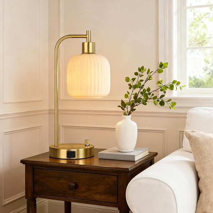 QiMH Industrial Table Lamp for Bedroom Set of 2, Cream Glass Beside Lamp - Image 6