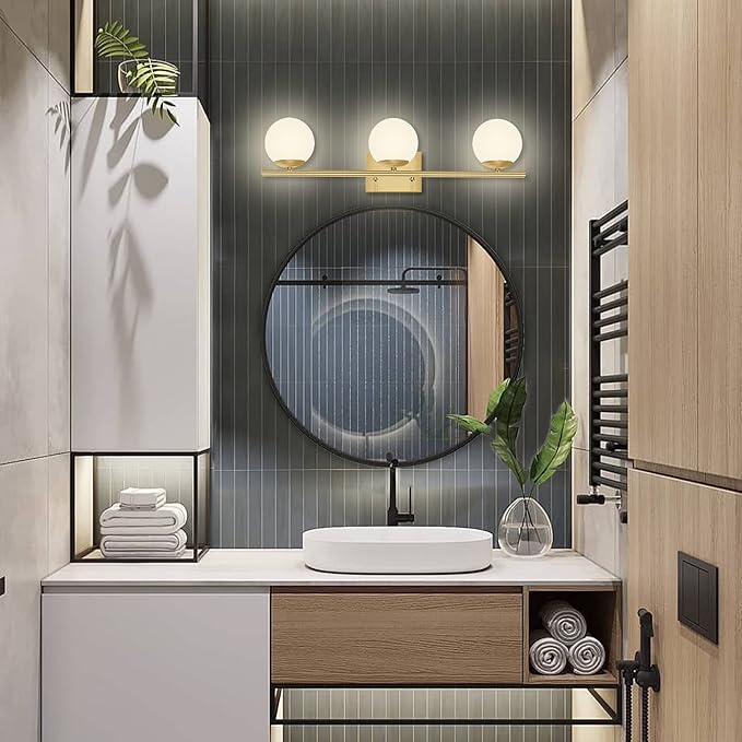 New Bathroom Vanity Light 3 Lights Fixtures Brushed Brass Milk White Globe - Image 6