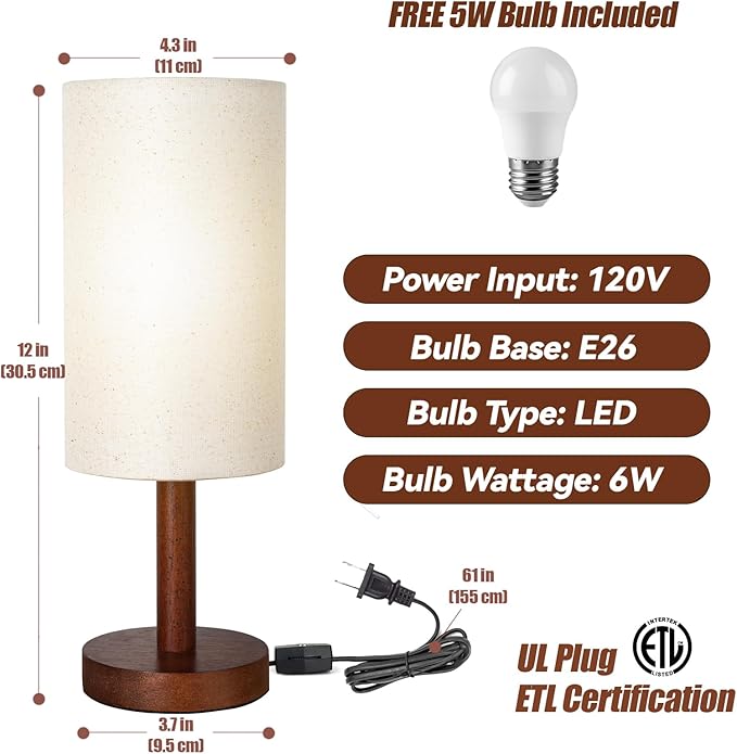 Small Table Lamp for Bedroom, Nightstand Lamp Linen Lampshade Bedroom Wood Base - Image 7