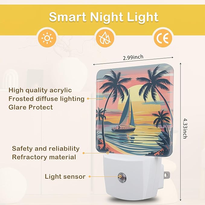 Palm Trees Night Lights Plug into Wall, Sunset Palm Trees Auto Sensor LED Night - Image 2