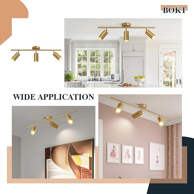 BOKT Brushed Brass Gold 3-Lights LED Adjustable Track Lighting Kit Mid Century - Image 3