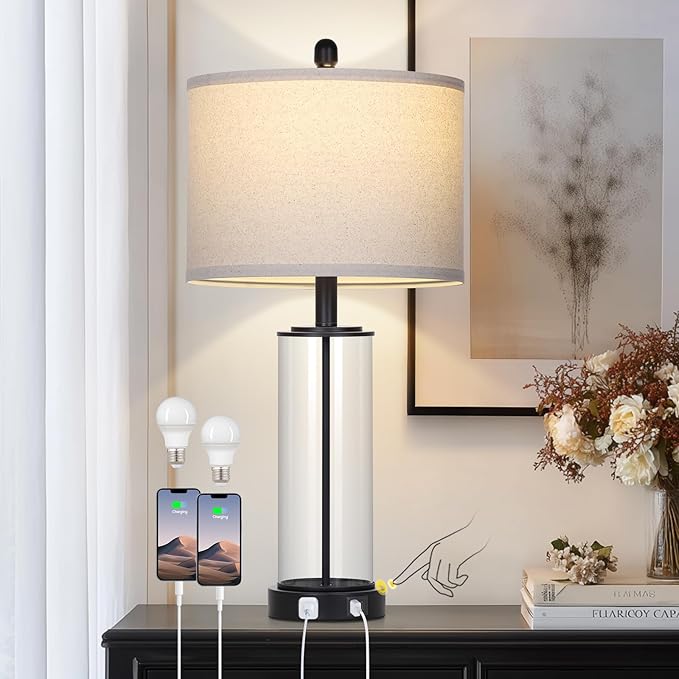 26" Black Glass Table Lamp for Living Room Single, 3-Way Dimmable Bedside Lamps - Image 5