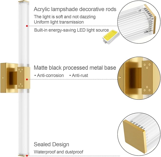 Ralbay 24inch Gold Bathroom Vanity Light Bar 22W Modern LED Vanity Lights Gold - Image 4
