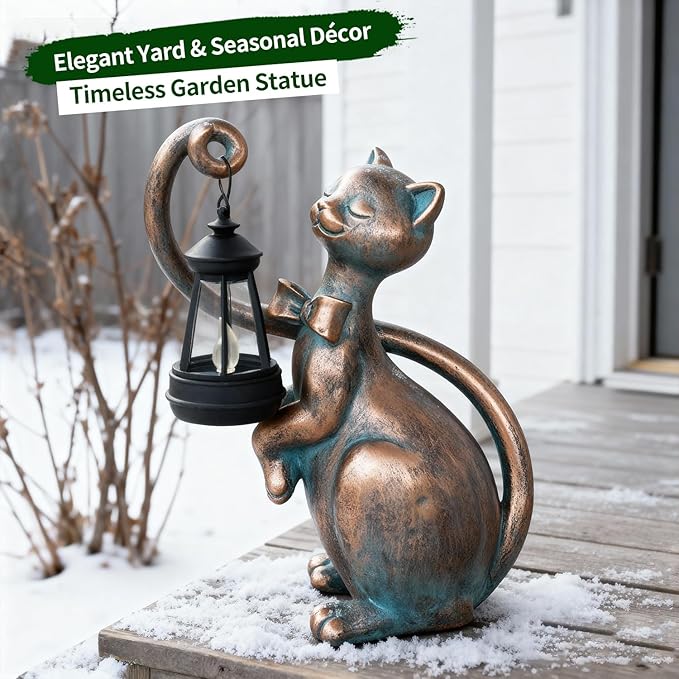 WHIMSYNOOK 10.7" Bronze Cat Solar Garden Statue Light – Cute Kitty Design - Image 2