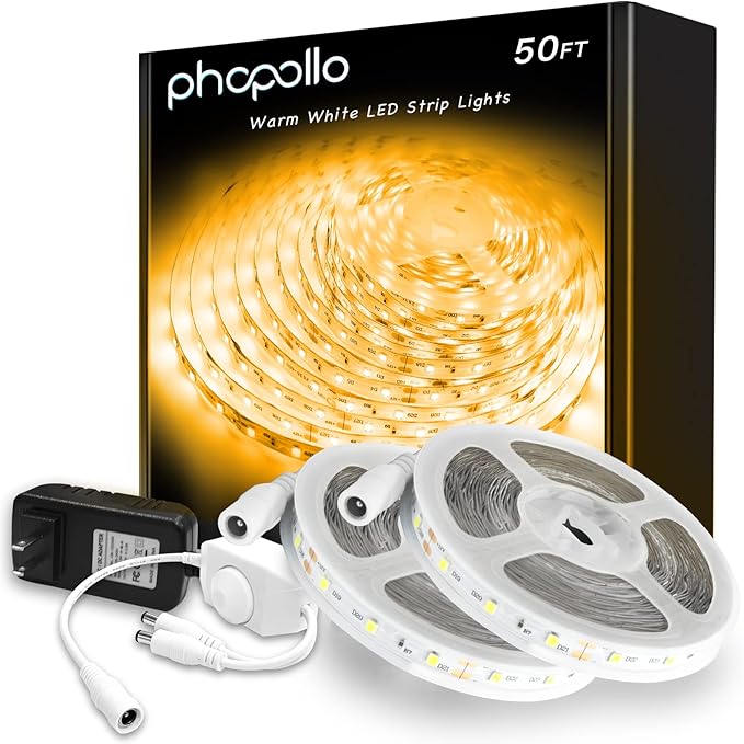 phopollo Warm White LED Strip Lights, 50ft Dimmable 3000k Warm White Led Light by Phopollo