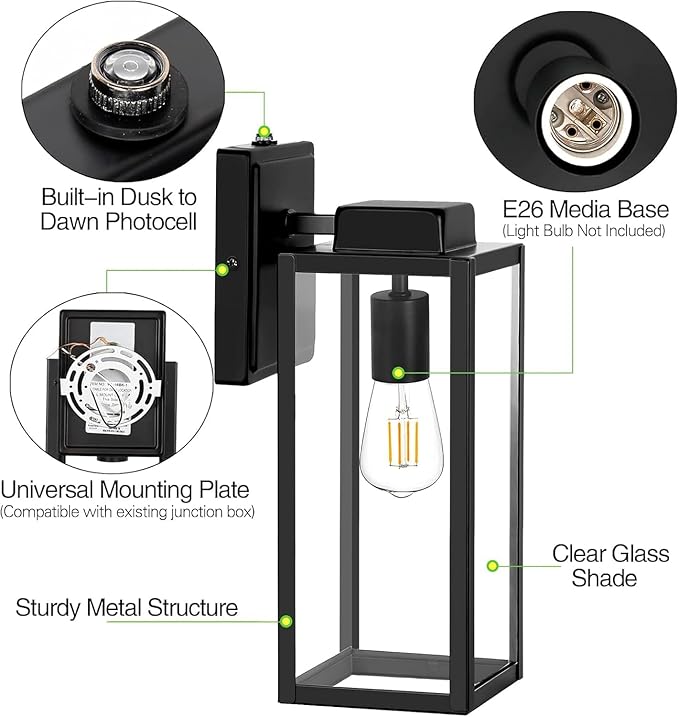 hykolity Large Outdoor Wall Light, 16 Inch Lantern, Dusk to Dawn Exterior - Image 3