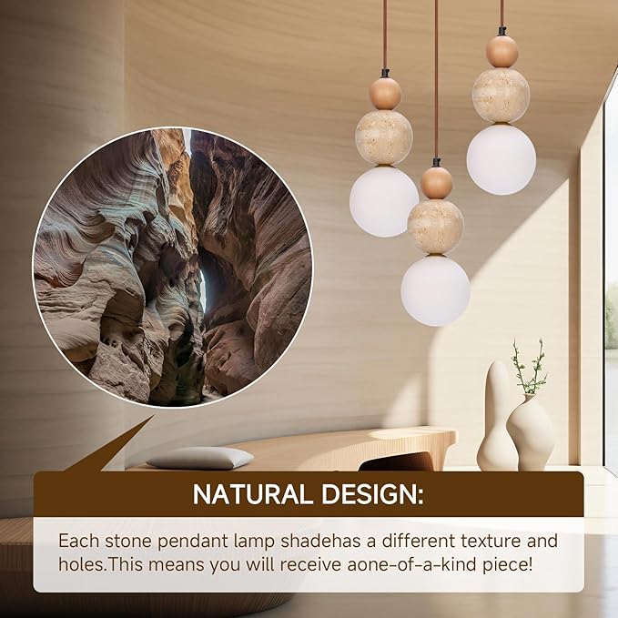 Wabi Sabi Pendant Light, 3-Light Travertine Stone Fixture-Japandi Japanese - Image 6