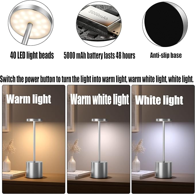 2Pack Cordless Table Lamp, Rechargeable LED Battery 5000mAh Metal USB Portable - Image 3