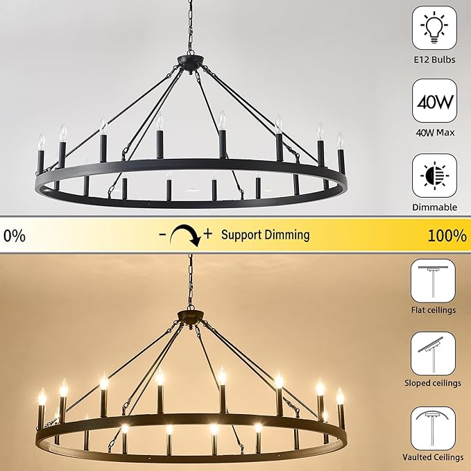 53 Inch Large Black Wagon Wheel Chandelier 18-Light Farmhouse Wagon Wheel - Image 4