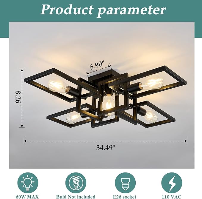 ZGLAOJT Black Industrial Semi Flush Mount Ceiling Light 5-Light Kitchen Light - Image 2