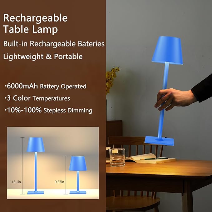 Blue Cordless Table Lamp Set of 2, Indoor/Outdoor Table Lamp - Image 2