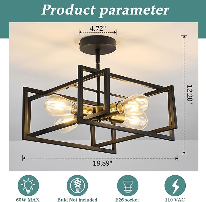 ZGLAOJT 4-Lights Close to Ceiling Light Black and Gold Light Fixture Industrial - Image 2