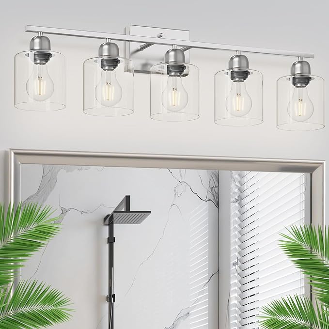 Modern Brushed Nickel 5 Light Bathroom Vanity Light, 31 inch Bathroom Lights by FAISHILAN