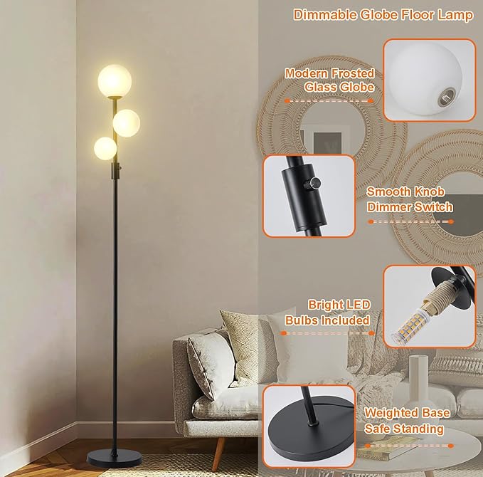 Fiqevs Upgraded Dimmable 3 Globe Mid Century Modern Floor Lamp, 3 x 3000K Warm - Image 6