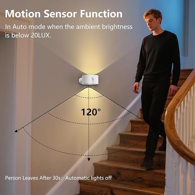 Motion Sensor Wall Light Indoor, Battery Operated Sconce 360°Rotate, - Image 2