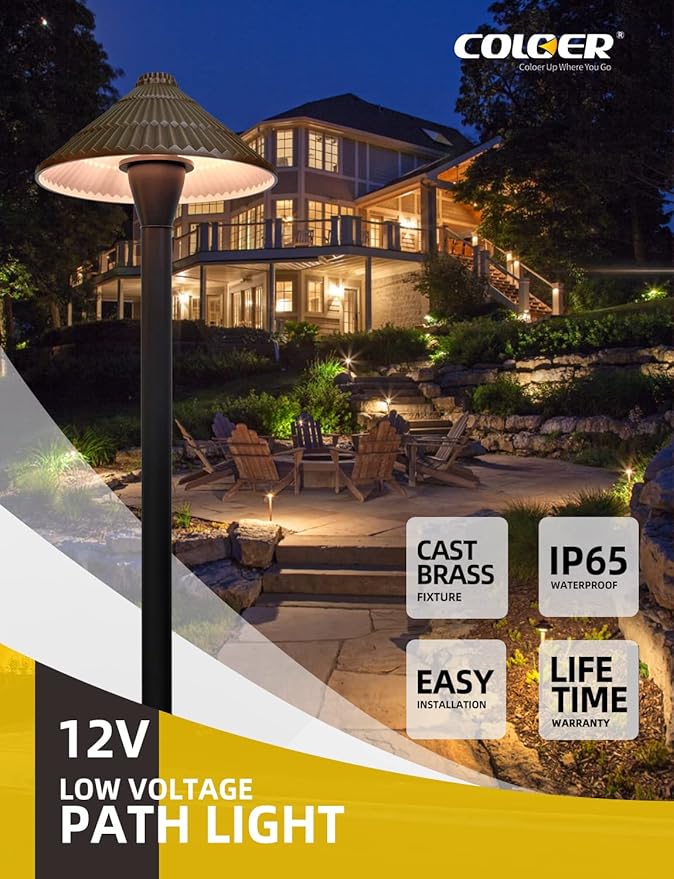 COLOER 4-Pack 12V Brass Outdoor Low Voltage Pathway Lights - Image 2
