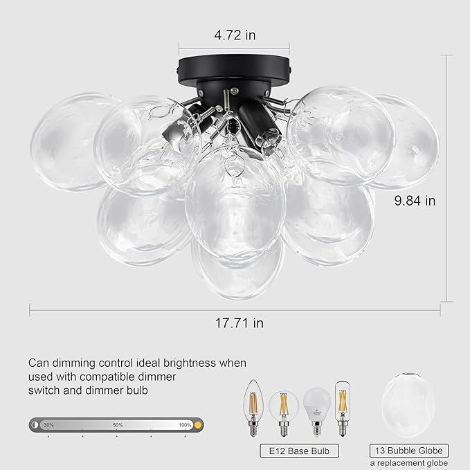 GoYeel Bubble Flush Mount Ceiling Light 17.72"-Black Small Chandelier Glass - Image 4