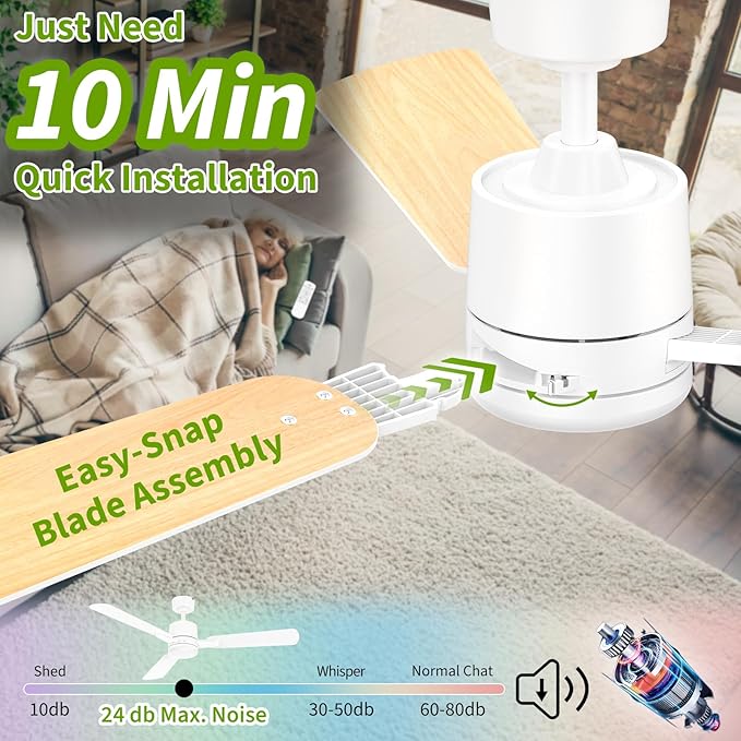 Ceiling Fans with Lights, 52 Inch Low Profile Ceiling Fan with Light and Remote - Image 2