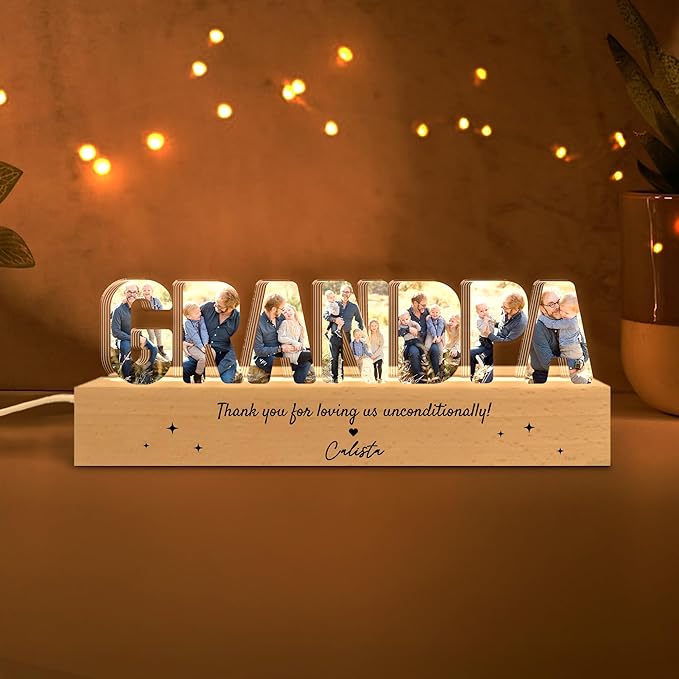 Personalized Grandpa Photo Collage LED Night Light, Custom Photo, Quote & Name by Thunala