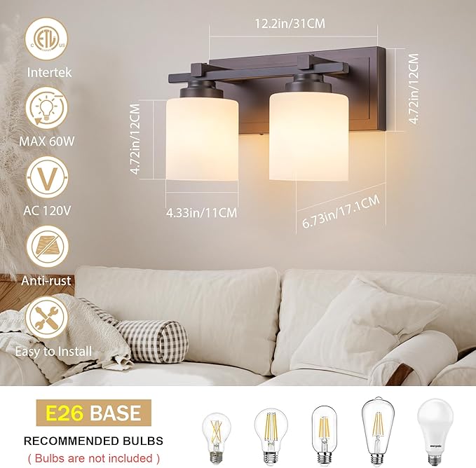2 Light Modern Bathroom Light Fixtures Over Mirror, Bronze Finish Vanity Lights - Image 5