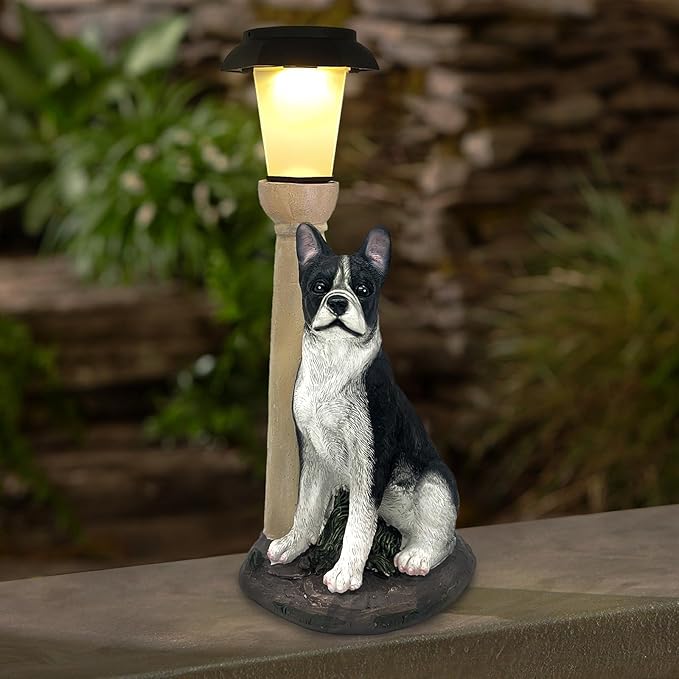 Solar Dog Garden Statues with Lantern, Resin Boston Terrier Sculpture with Warm - Image 2